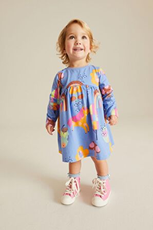 % 100 Pamuklu Mavi Uzun Kollu Unicorn Elbise