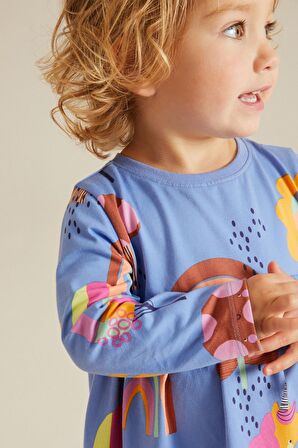 % 100 Pamuklu Mavi Uzun Kollu Unicorn Elbise