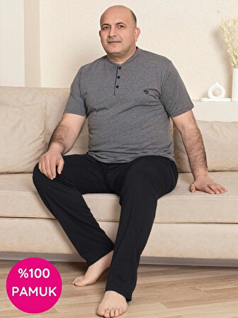 Erkek Geniş Kalıp %100 Pamuk Kısa Kol Cepli Büyük Beden Pijama Takımı