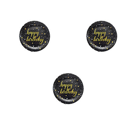 Roll-Up Doğum Günü Işıltılı Siyah Happy Bithday Yazılı Karton Tabak - 22 Cm. - 8 Adetlik 3 Paket