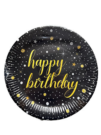 Roll-Up Doğum Günü Işıltılı Siyah Happy Bithday Yazılı Karton Tabak - 22 Cm. - 8 Adetlik 3 Paket