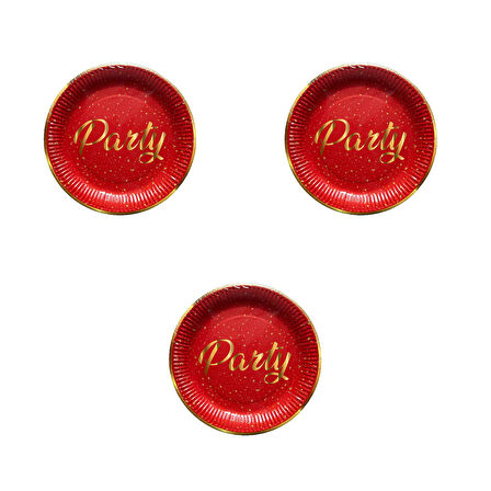 Roll-Up Parti Doğum Günü Işıltılı Kırmızı Party Yazılı Karton Tabak - 22 Cm. - 8 Adetlik 3 Paket