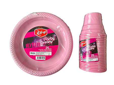 Piknik Davet Doğum Günü Omeyva Sofra Seti - 25 Kişilik Pembe Tabak Bardak Çatal Takımı