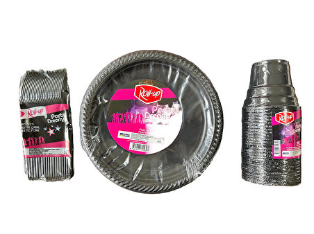 Piknik Davet Doğum Günü Ofis Catering Omeyva Sofra Seti - 25 Kişilik Siyah Tabak Bardak Çatal Takımı