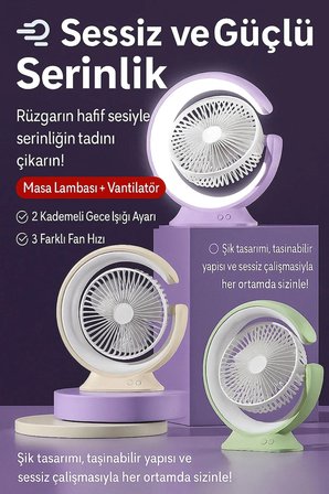 Şarjlı Masa Lambalı Mini Fan 2400 mAh – 3 Kademeli Hız, Gece Işığı, Sessiz ve Taşınabilir