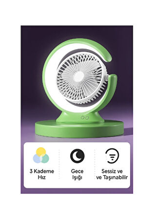 Şarjlı Masa Lambalı Mini Fan 2400 mAh – 3 Kademeli Hız, Gece Işığı, Sessiz ve Taşınabilir