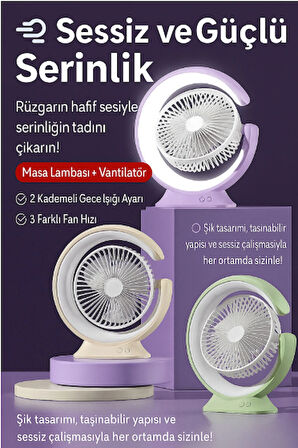 Şarjlı Masa Lambalı Mini Fan 2400 mAh – 3 Kademeli Hız, Gece Işığı, Sessiz ve Taşınabilir