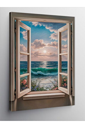 Kanvas Tablo Deniz Çiçek Ve Pencere, 70cm x 100cm