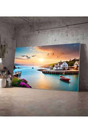 Kanvas Tablo Uçan Kuşlar Ve Gö Kenarında Ev Dekoratif Kanvas Tablo 50 X 70