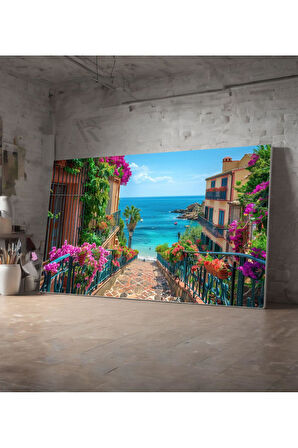 Kanvas Tablo Denize Huzura Açılan Pembe Çiçekli Merdivenler Dekoratif Kanvas Tablo 30 X 40