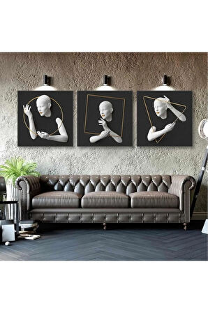 Kanvas Tablo Kabartma Efektli Altın Üçgen Çerçeve Antrasit Fon Dekoratif Üçlü Kombin Kanvas Tablo Art0091 50 X 50
