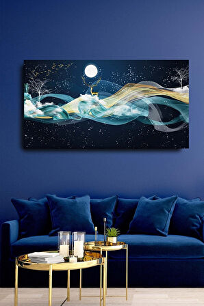 Dekoratif Soyut Altın Geyik Sürreal Kanvas Duvar Tablosu 120x60 cm