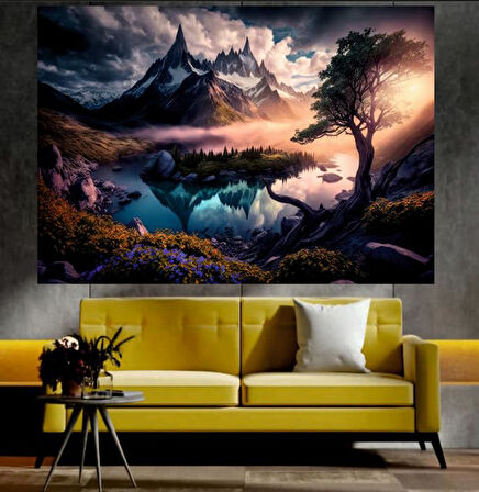 Göl ve Dağ Doğa Manzaralı Sanatsal Dekoratif Duvar Tablosu (70x100 cm)