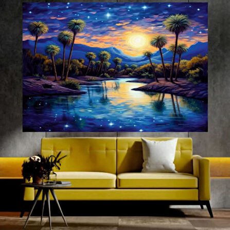 Palmiye Ağaçları ve Göl Manzaralı Sanatsal Dekoratif Duvar Tablosu (70x100 cm)