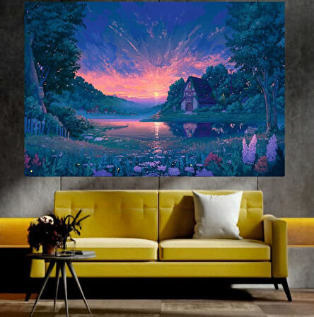 Köy Evi ve Göl Manzaralı Sanatsal Dekoratif Duvar Tablosu (70x100 cm)