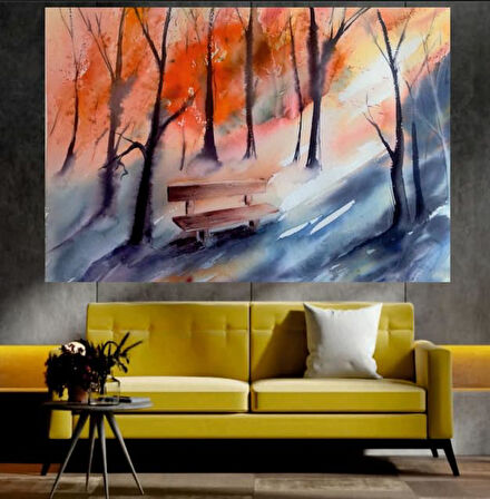 Sonbahar ve Bank Manzaralı Sanatsal Dekoratif Duvar Tablosu (70x100 cm)