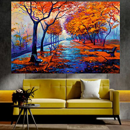 Sonbahar ve Renkli Yaprak Manzaralı Sanatsal Dekoratif Duvar Tablosu (70x100 cm)