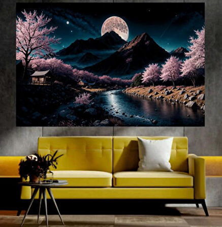 Dağ ve Nehir Manzaralı Sanatsal Dekoratif Duvar Tablosu (50x70 cm)