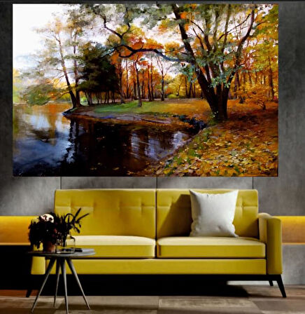Göl ve Sonbahar Manzaralı Sanatsal Dekoratif Duvar Tablosu (50x70 cm)