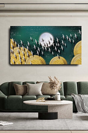 Dekoratif Soyut Gümüş Kuşlar Sürreal Kanvas Duvar Tablosu 60 x 120 cm