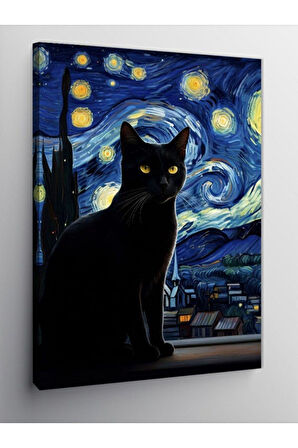 Kanvas Tablo Yıldızlı Gece Ve Siyah Kedi 50 X 70 Cnvsdkey-126649-50-70
