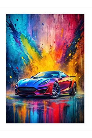 Renkli Fon Spor Araba Hediyelik Ahşap Tablo, 50cm x 70cm