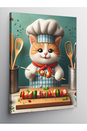 Kanvas Tablo Şiş Kebap Yapan Sevimli Kedi 70 X 100 Cnvsdkey-126046-70-100