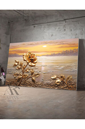 Kanvas Tablo Deniz- Gün Batımı Ve Gül Dekoratif Yağlı Boya Görünümlü Kanvas Tablo 35 X 50