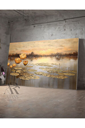 Kanvas Tablo Gold Tasarım Lotus Çiçeği Dekoratif Kanvas Tablo 35 X 50