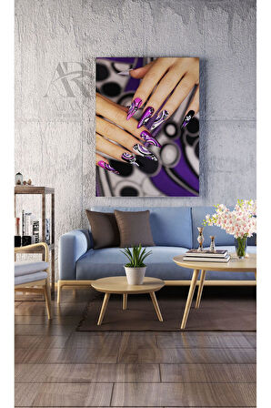 Kanvas Tablo Renkli Tırnaklar Mor Ojeli Dekoratif Salon Kuför Kanvas Tablo 35 X 50