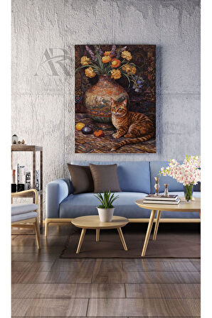 Kanvas Tablo Vazo Kenarında Oturan Kedi Dekoratif Kanvas Tablo 35 X 50