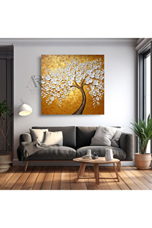 Kanvas Tablo Bahar Ağacı Sarı Arka Temalı Dekoratif Kanvas Tablo 60 X 60