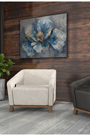 Kanvas Tablo Mavi Çiçek Altın Dokulu Yağlı Boya Görünümlü Dekoratif Kanvas Tablo 80 X 120