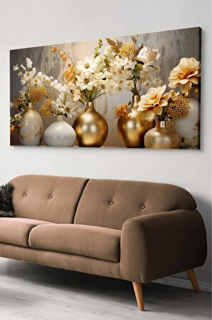 Kanvas Tablo Gold Vazoda Çiçekler Tek Parça Kanvas Tablo 40 X 80