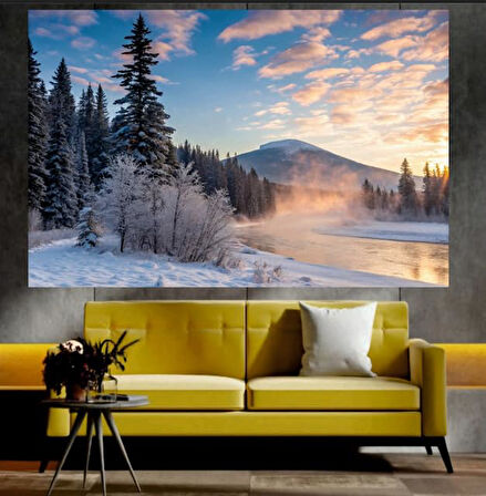 Karlı Doğa Ve Nehir Manzaralı Sanatsal Dekoratif Duvar Tablosu (35x50 cm)