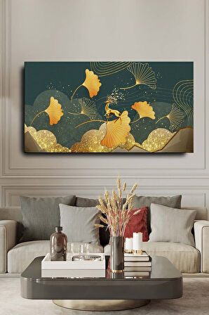 Dekoratif Soyut Altın Geyikli Altın Yaprak Sürreal Kanvas Duvar Tablosu 120x60cm