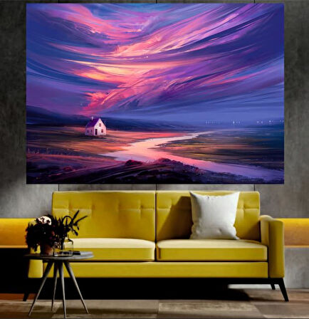 Gökyüzü ve Köy Evi Manzaralı Sanatsal Dekoratif Duvar Tablosu (35x50 cm)