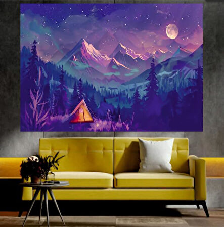 Dolunay ve Dağ Manzaralı Sanatsal Dekoratif Duvar Tablosu (35x50 cm)