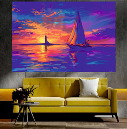 Deniz Feneri Günbatımı Manzaralı Sanatsal Dekoratif Duvar Tablosu (35x50 cm)