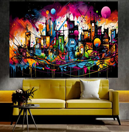Renkli Şehir Manzaralı Sanatsal Dekoratif Duvar Tablosu (70x100 cm)