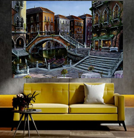 Evler ve Köprü Manzaralı Sanatsal Dekoratif Duvar Tablosu (70x100 cm)