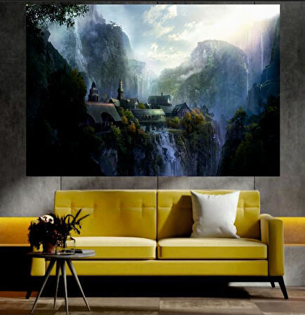 Dağ ve Köy Manzaralı Sanatsal Dekoratif Duvar Tablosu (50x70 cm)