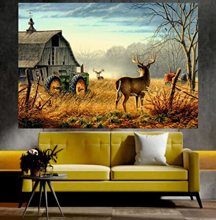 Geyik ve Köy Evi Manzaralı Sanatsal Dekoratif Duvar Tablosu (50x70 cm)