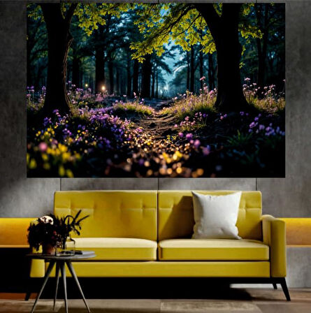 Çiçekler ve Ağaçlar Manzaralı Sanatsal Dekoratif Duvar Tablosu (70x100 cm)