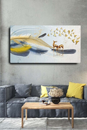 Dekoratif Soyut Altın Geyikli Tüy Sürreal Kanvas Duvar Tablosu 120x60cm
