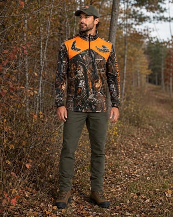 Turuncu Detaylı Orman Desen Yarım Fermuarlı Avcı Çulluk Sweatshirt | Outdoor Kamuflaj Üst
