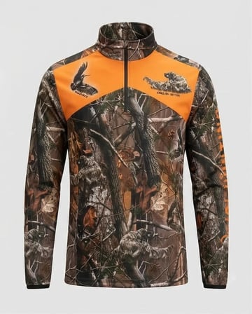Turuncu Detaylı Orman Desen Yarım Fermuarlı Avcı Çulluk Sweatshirt | Outdoor Kamuflaj Üst