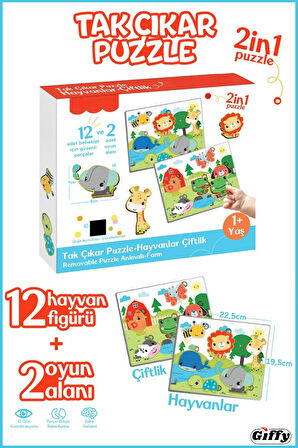 Oyuncak Tak Çıkar Çiftlik Hayvanlar Eğitici Puzzle 2'li Bul Tak Eğitici 14 Parça Set