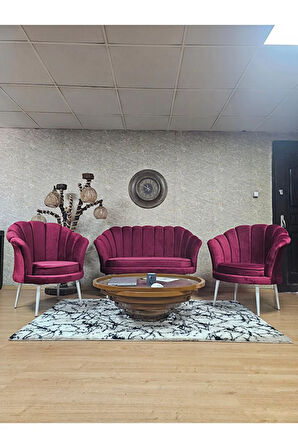 İstiridye Takım Beyaz Boyalı Sivriltme Ayak Çay Seti Koltuk Takımı Bordo Renk 110 x 48 Boyut/Ebat