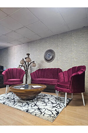 İstiridye Takım Beyaz Boyalı Sivriltme Ayak Çay Seti Koltuk Takımı Bordo Renk 110 x 48 Boyut/Ebat